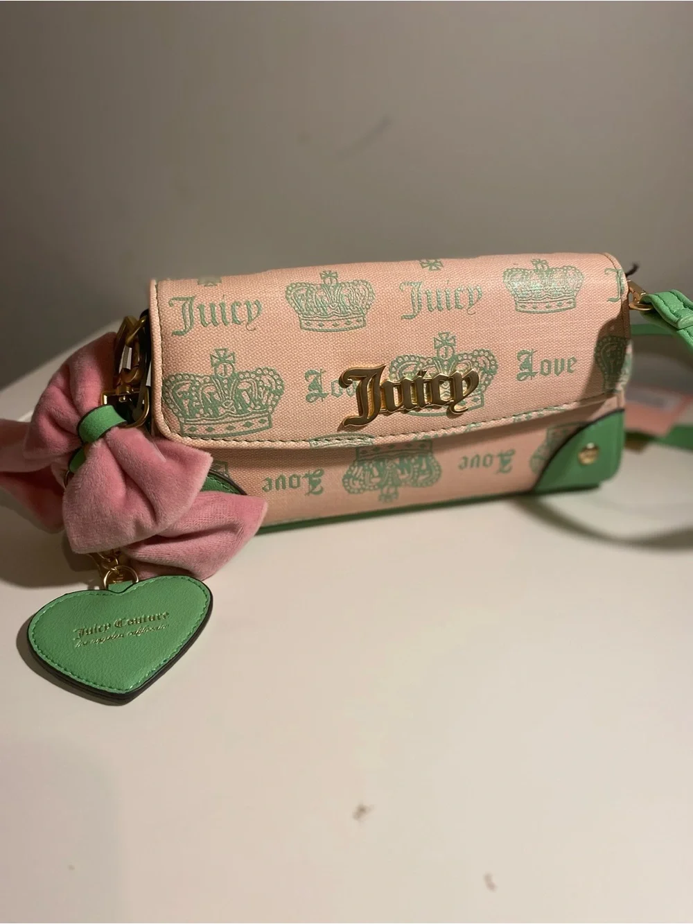 Juicy Couture Pink and Mint Heart Charm Shoulder Bag - Picture 1 of 7